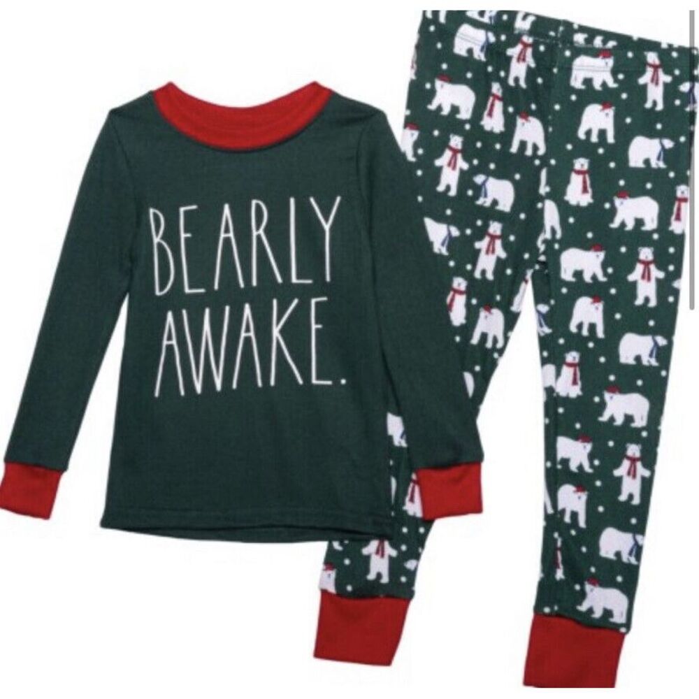 New $38 RAE DUNN 2 PIECE Christmas BEARLY AWAKE Pajama SLEEP SET Santa Size 4T